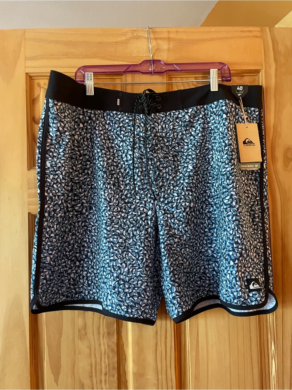 Quiksilver Men’s Black and Navy Patterned Swim Board Shorts
